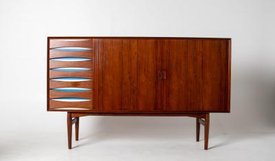 Arne Vodder Arne Vodder Rosewood Credenza with Blue White Drawers Denmark 1960