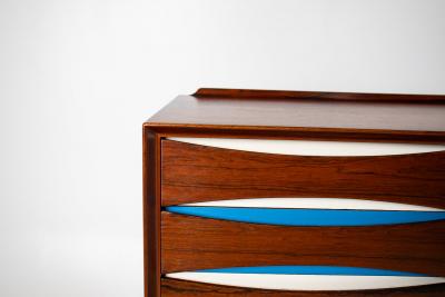 Arne Vodder Arne Vodder Rosewood Credenza with Blue White Drawers Denmark 1960