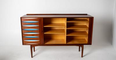Arne Vodder Arne Vodder Rosewood Credenza with Blue White Drawers Denmark 1960
