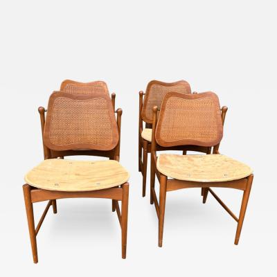 Arne Vodder MID CENTURY SET OF FOUR CANE AND TEAK DINING CHAIRS BY ARNE VODDER