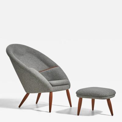 Arnold Madsen Lounge Chair With Ottoman in Oak and Grey Fabric Denmark 1956