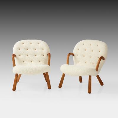 Arnold Madsen Rare Pair of Clam Chairs in Ivory Boucl by Arnold Madsen
