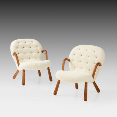 Arnold Madsen Rare Pair of Clam Chairs in Ivory Boucl by Arnold Madsen