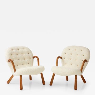Arnold Madsen Rare Pair of Clam Chairs in Ivory Boucl by Arnold Madsen