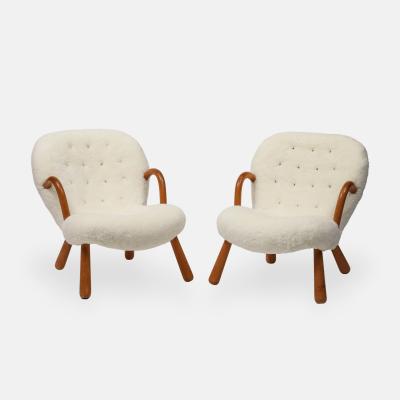 Arnold Madsen Rare Pair of Clam Chairs in Ivory Sheepskin by Arnold Madsen