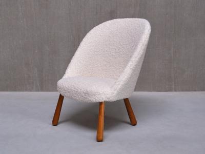 Arnold Madsen Swedish Modern Clam Chair in White Teddy Fabric and Beech 1940s