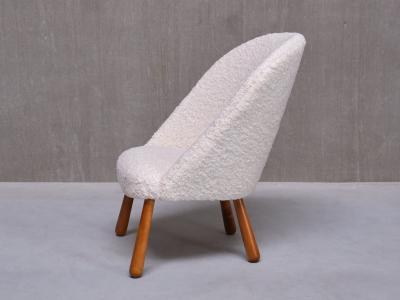 Arnold Madsen Swedish Modern Clam Chair in White Teddy Fabric and Beech 1940s