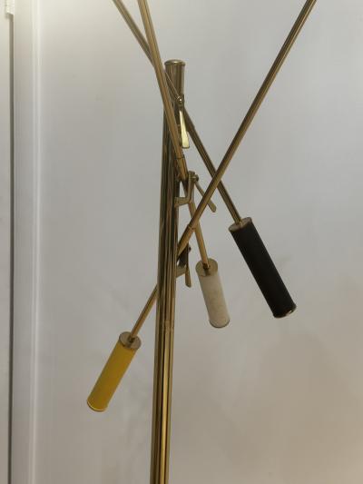 Arredoluce Triennale ARREDOLUCE TRIENNELE TRIPOD BRASS AND YELLOW BLACK AND WHITE SHADE FLOOR LAMP