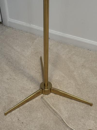 Arredoluce Triennale ARREDOLUCE TRIENNELE TRIPOD BRASS AND YELLOW BLACK AND WHITE SHADE FLOOR LAMP