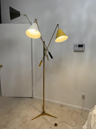 Arredoluce Triennale ARREDOLUCE TRIENNELE TRIPOD BRASS AND YELLOW BLACK AND WHITE SHADE FLOOR LAMP