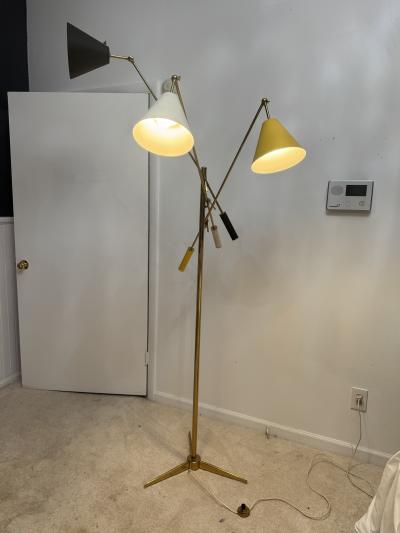 Arredoluce Triennale ARREDOLUCE TRIENNELE TRIPOD BRASS AND YELLOW BLACK AND WHITE SHADE FLOOR LAMP