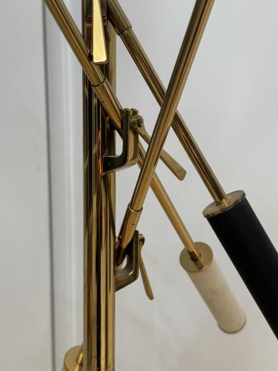 Arredoluce Triennale ARREDOLUCE TRIENNELE TRIPOD BRASS AND YELLOW BLACK AND WHITE SHADE FLOOR LAMP