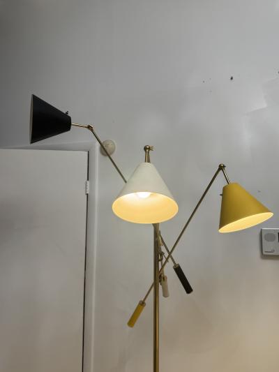 Arredoluce Triennale ARREDOLUCE TRIENNELE TRIPOD BRASS AND YELLOW BLACK AND WHITE SHADE FLOOR LAMP