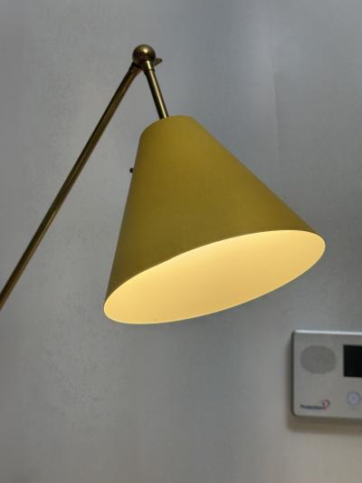 Arredoluce Triennale ARREDOLUCE TRIENNELE TRIPOD BRASS AND YELLOW BLACK AND WHITE SHADE FLOOR LAMP