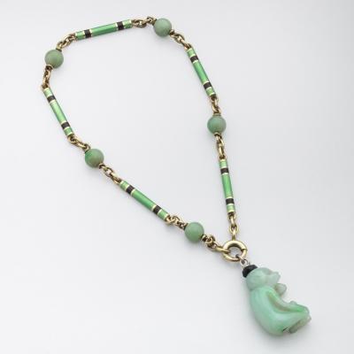 Art Deco 14kt Gold Green Black Enamel bracelet a Carved Jade Monkey Charm