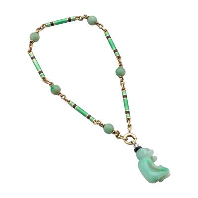 Art Deco 14kt Gold Green Black Enamel bracelet a Carved Jade Monkey Charm