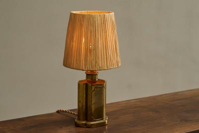 Art Deco Accent Table Lamp in Patinated Brass with Raffia Shade 1940s
