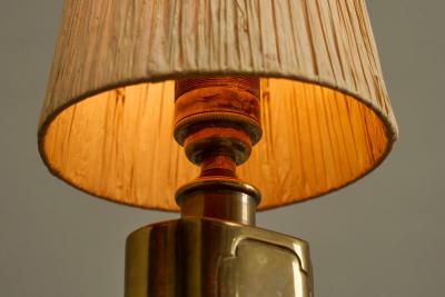 Art Deco Accent Table Lamp in Patinated Brass with Raffia Shade 1940s