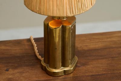 Art Deco Accent Table Lamp in Patinated Brass with Raffia Shade 1940s