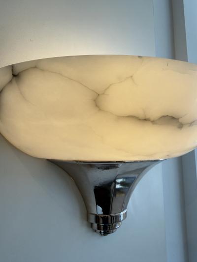 Art Deco Alabaster Sconces Nickel Details France 1950