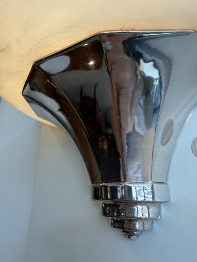 Art Deco Alabaster Sconces Nickel Details France 1950