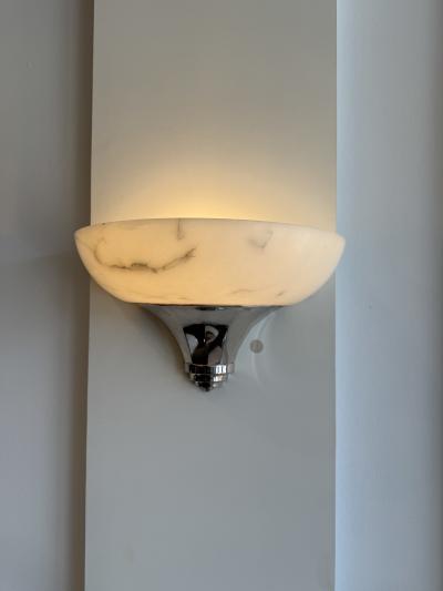 Art Deco Alabaster Sconces Nickel Details France 1950