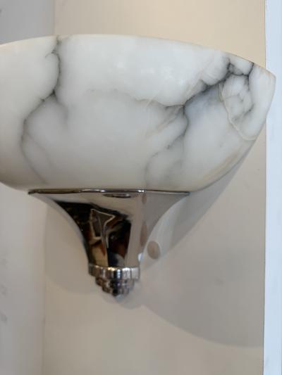 Art Deco Alabaster Sconces Nickel Details France 1950