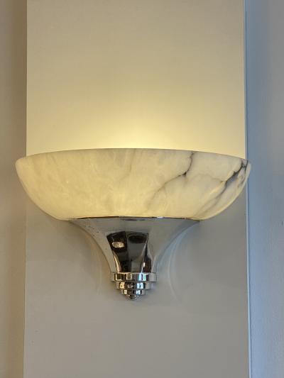 Art Deco Alabaster Sconces Nickel Details France 1950