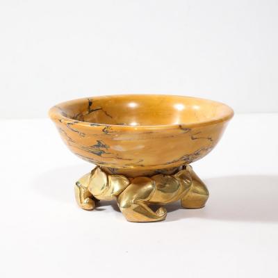 Art Deco Amber Gold Marble Dish with Stylized Gilt Bronze Base