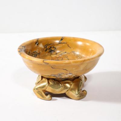 Art Deco Amber Gold Marble Dish with Stylized Gilt Bronze Base
