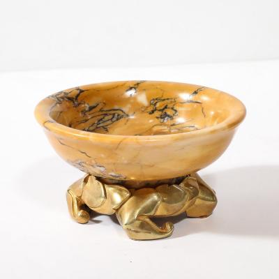 Art Deco Amber Gold Marble Dish with Stylized Gilt Bronze Base