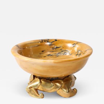 Art Deco Amber Gold Marble Dish with Stylized Gilt Bronze Base