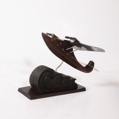 Art Deco Anthoine Art Bois Carved Wood and Metal Seaplane Model on Stand