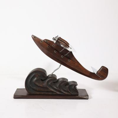 Art Deco Anthoine Art Bois Carved Wood and Metal Seaplane Model on Stand