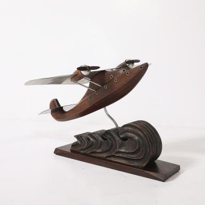 Art Deco Anthoine Art Bois Carved Wood and Metal Seaplane Model on Stand