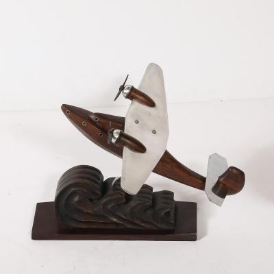 Art Deco Anthoine Art Bois Carved Wood and Metal Seaplane Model on Stand