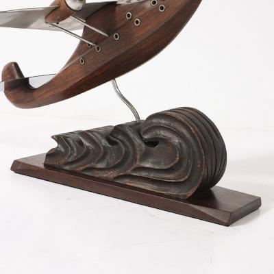Art Deco Anthoine Art Bois Carved Wood and Metal Seaplane Model on Stand