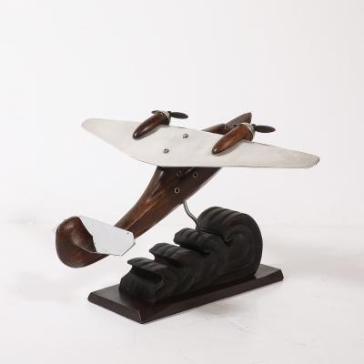 Art Deco Anthoine Art Bois Carved Wood and Metal Seaplane Model on Stand