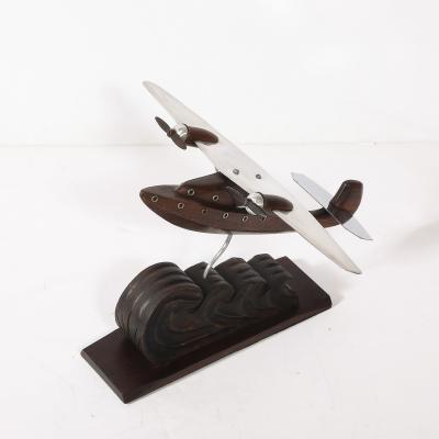 Art Deco Anthoine Art Bois Carved Wood and Metal Seaplane Model on Stand