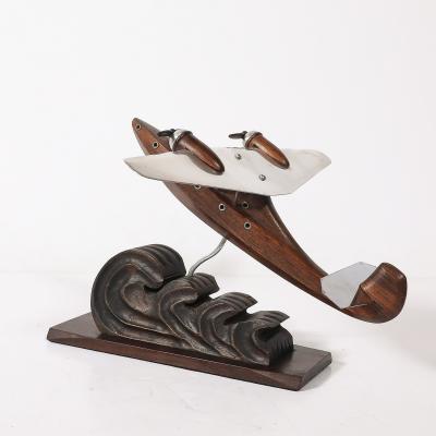 Art Deco Anthoine Art Bois Carved Wood and Metal Seaplane Model on Stand