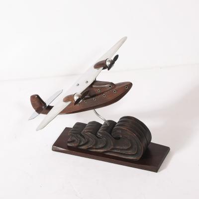 Art Deco Anthoine Art Bois Carved Wood and Metal Seaplane Model on Stand
