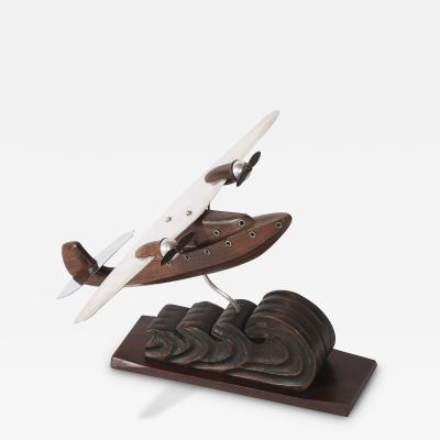 Art Deco Anthoine Art Bois Carved Wood and Metal Seaplane Model on Stand