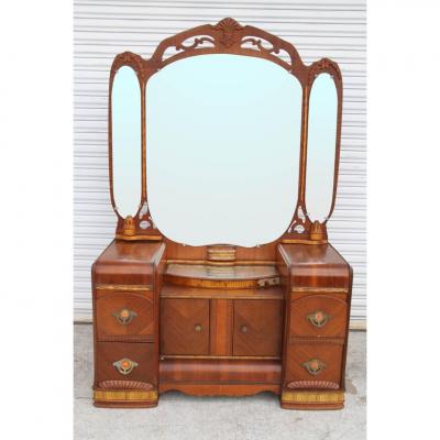 Art Deco Antique Waterfall Dresser with Carved Mirror