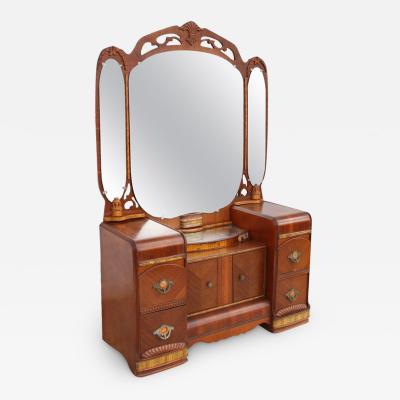 Art Deco Antique Waterfall Dresser with Carved Mirror