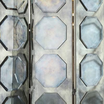 Art Deco Antiqued Octagon Paneled Motif Smoked Mirror Screen with Silvered Back