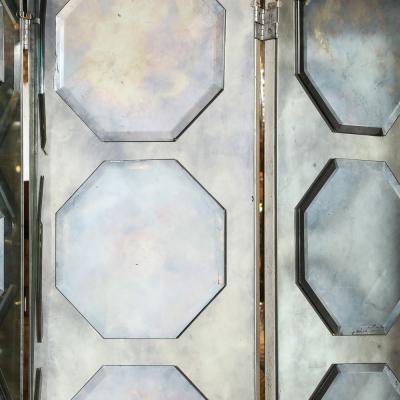 Art Deco Antiqued Octagon Paneled Motif Smoked Mirror Screen with Silvered Back