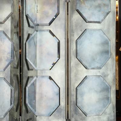 Art Deco Antiqued Octagon Paneled Motif Smoked Mirror Screen with Silvered Back