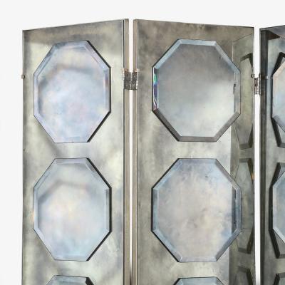 Art Deco Antiqued Octagon Paneled Motif Smoked Mirror Screen with Silvered Back