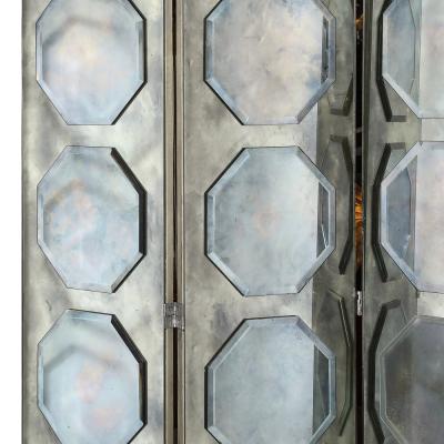 Art Deco Antiqued Octagon Paneled Motif Smoked Mirror Screen with Silvered Back