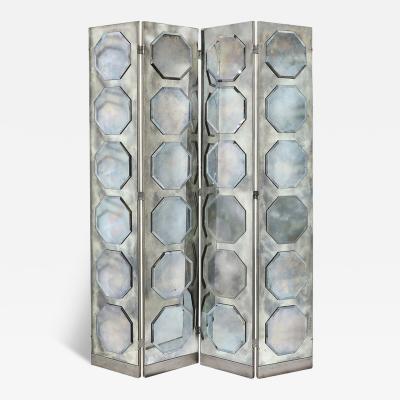 Art Deco Antiqued Octagon Paneled Motif Smoked Mirror Screen with Silvered Back